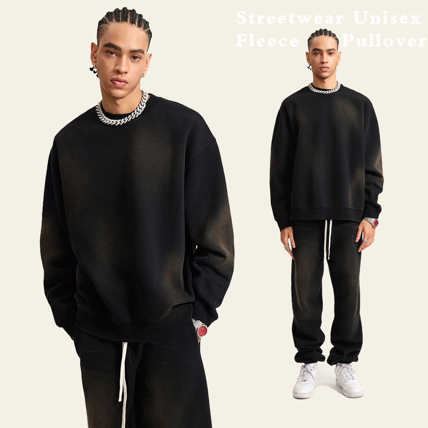 (Black)Streetwear Unisex Monkey Washed Dyed Fleece Pullover