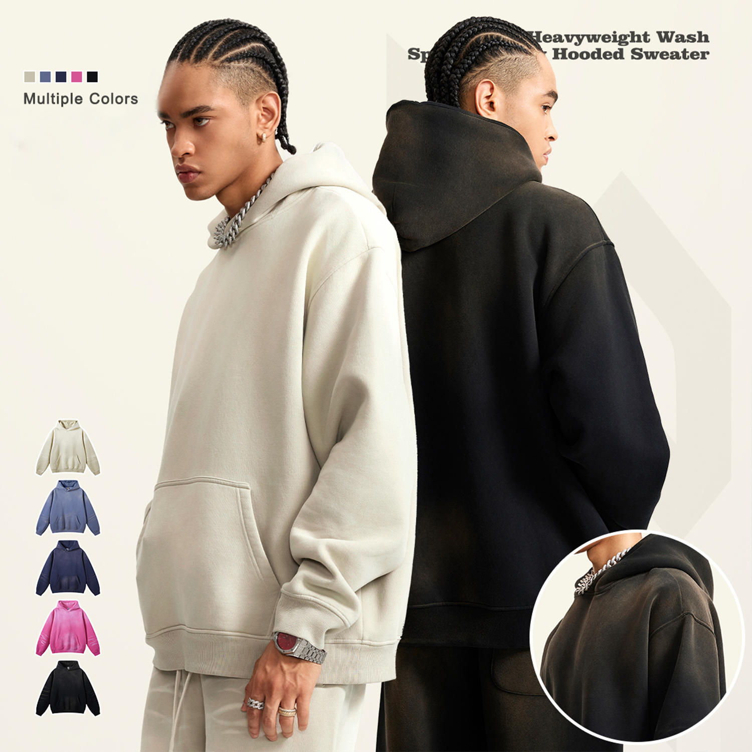 (Black)Streetwear Unisex Monkey Washed Dyed Fleece Hoodie-11