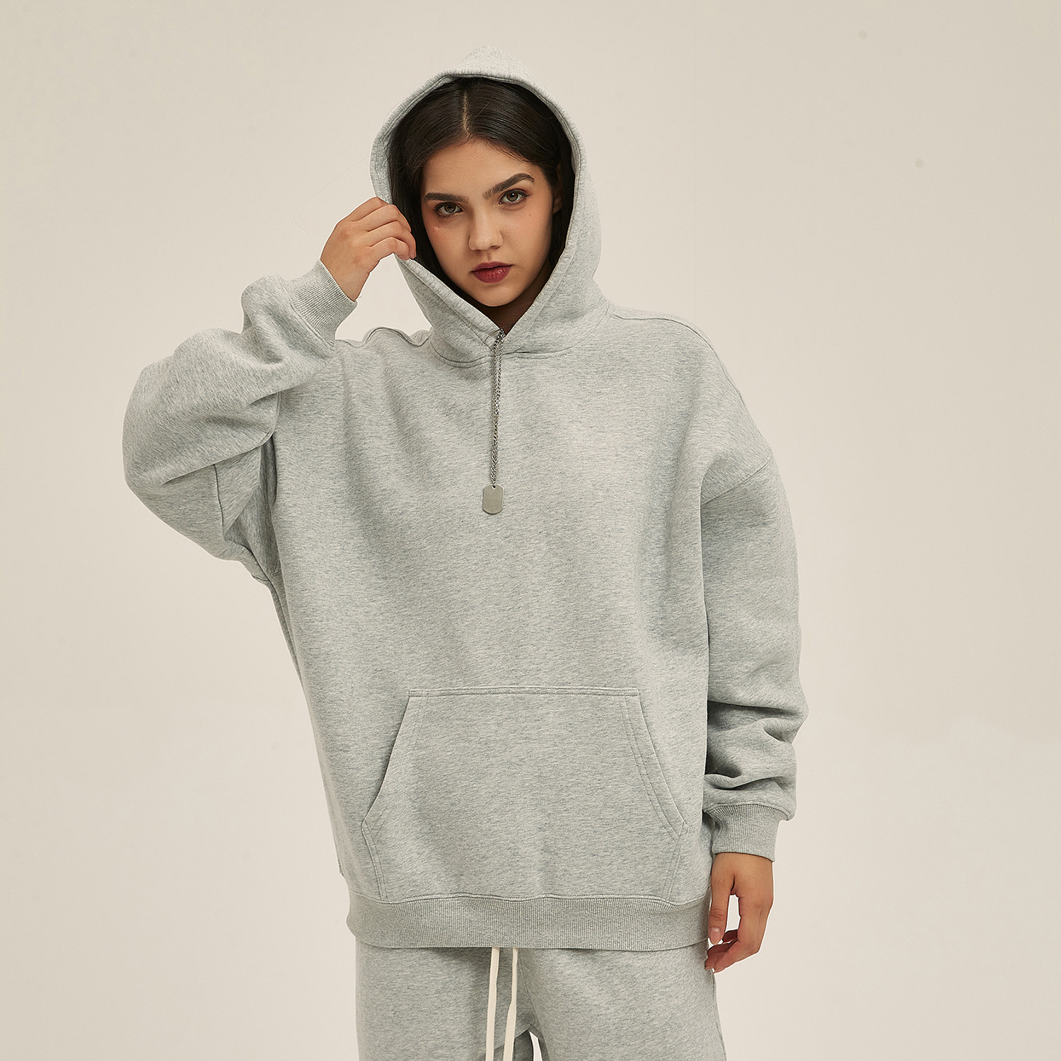 (Gray)Streetwear Unisex Oversized Solid Color Fleece Hoodie-5