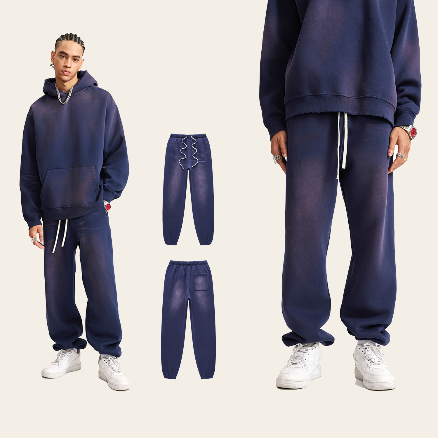 (Royal Blue)Streetwear Unisex Monkey Washed Dyed Fleece Joggers