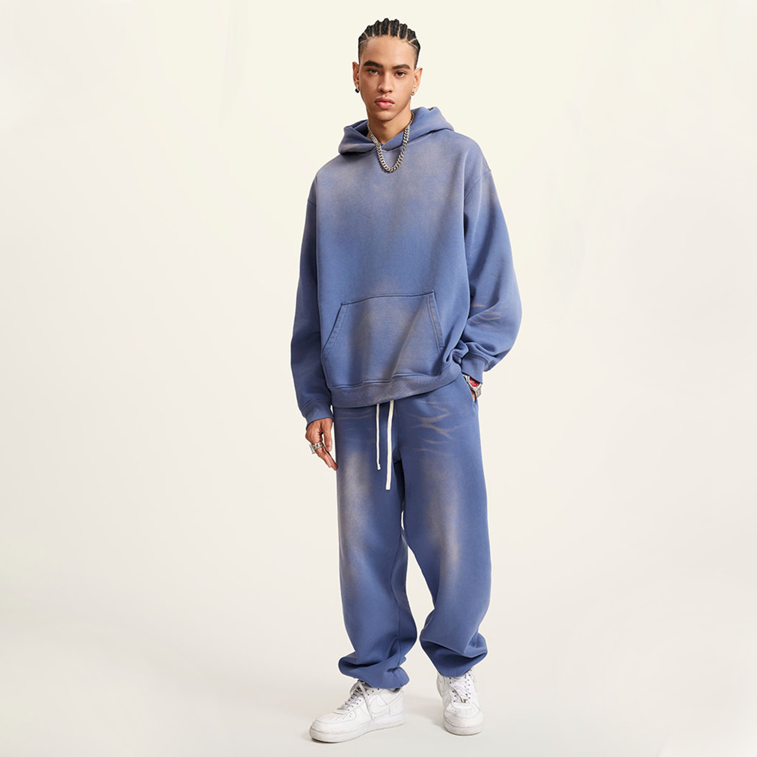 (Denim Blue)Streetwear Monkey Washed Dyed Fleece Hoodie | Dropshipping-3