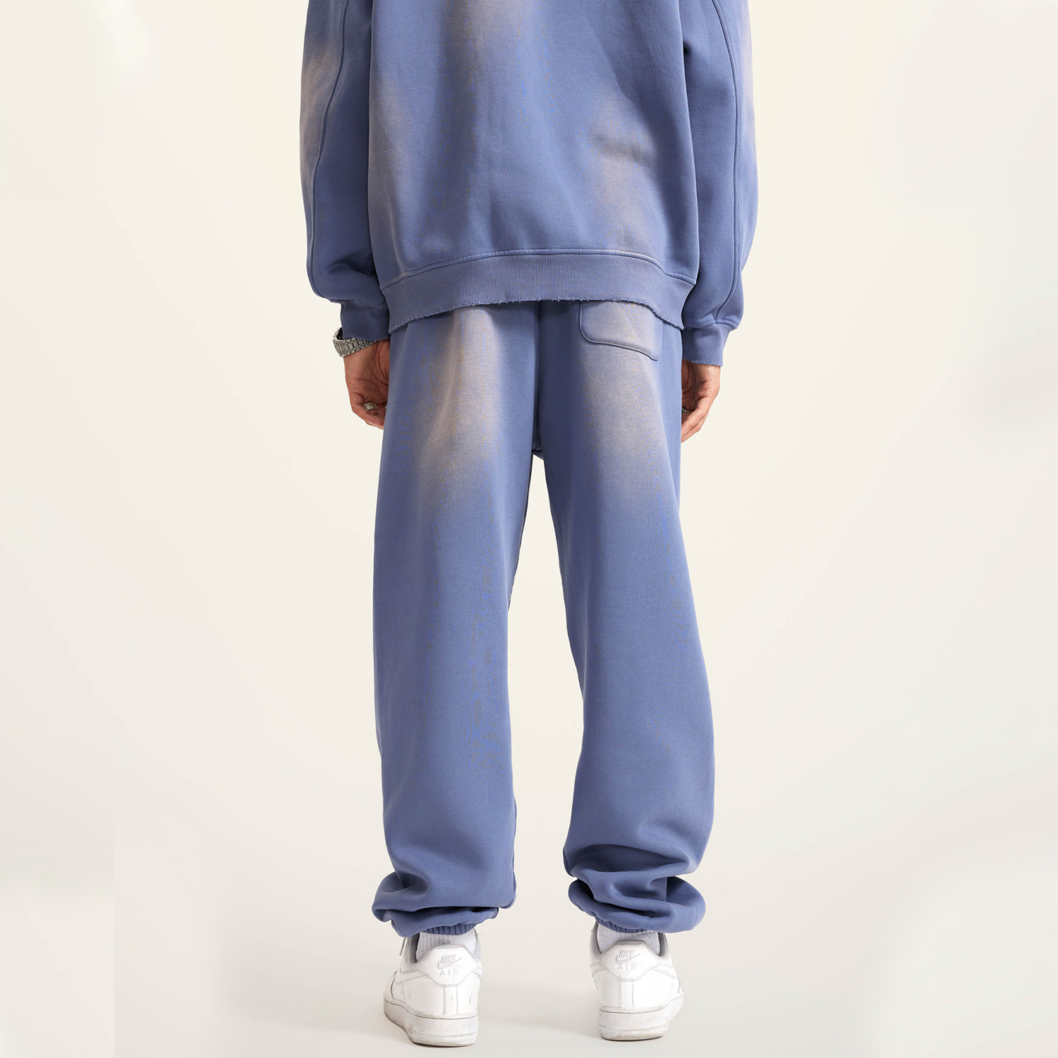 (Denim Blue)Streetwear Unisex Monkey Washed Dyed Fleece Joggers-8