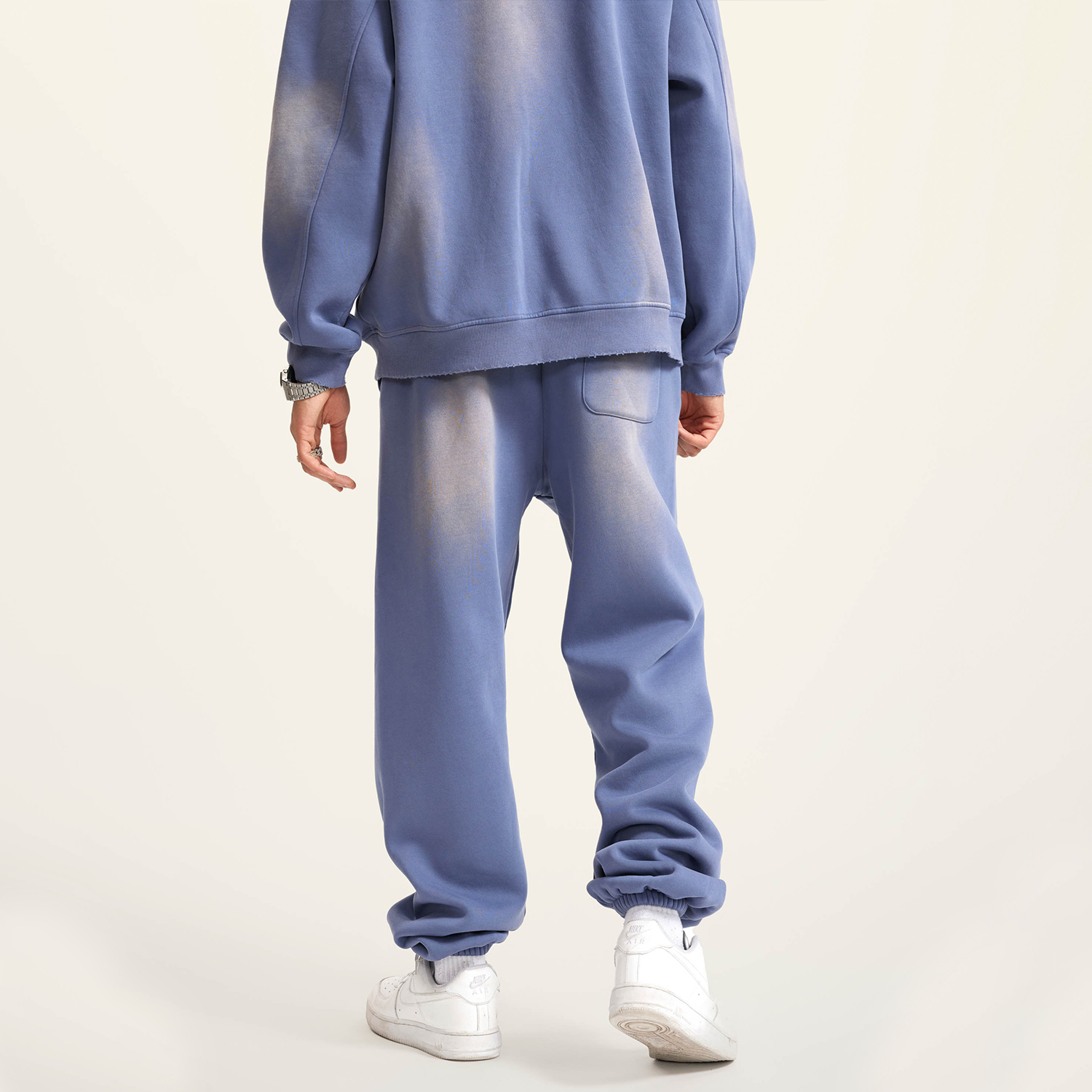 (Denim Blue)Streetwear Unisex Monkey Washed Dyed Fleece Joggers-6