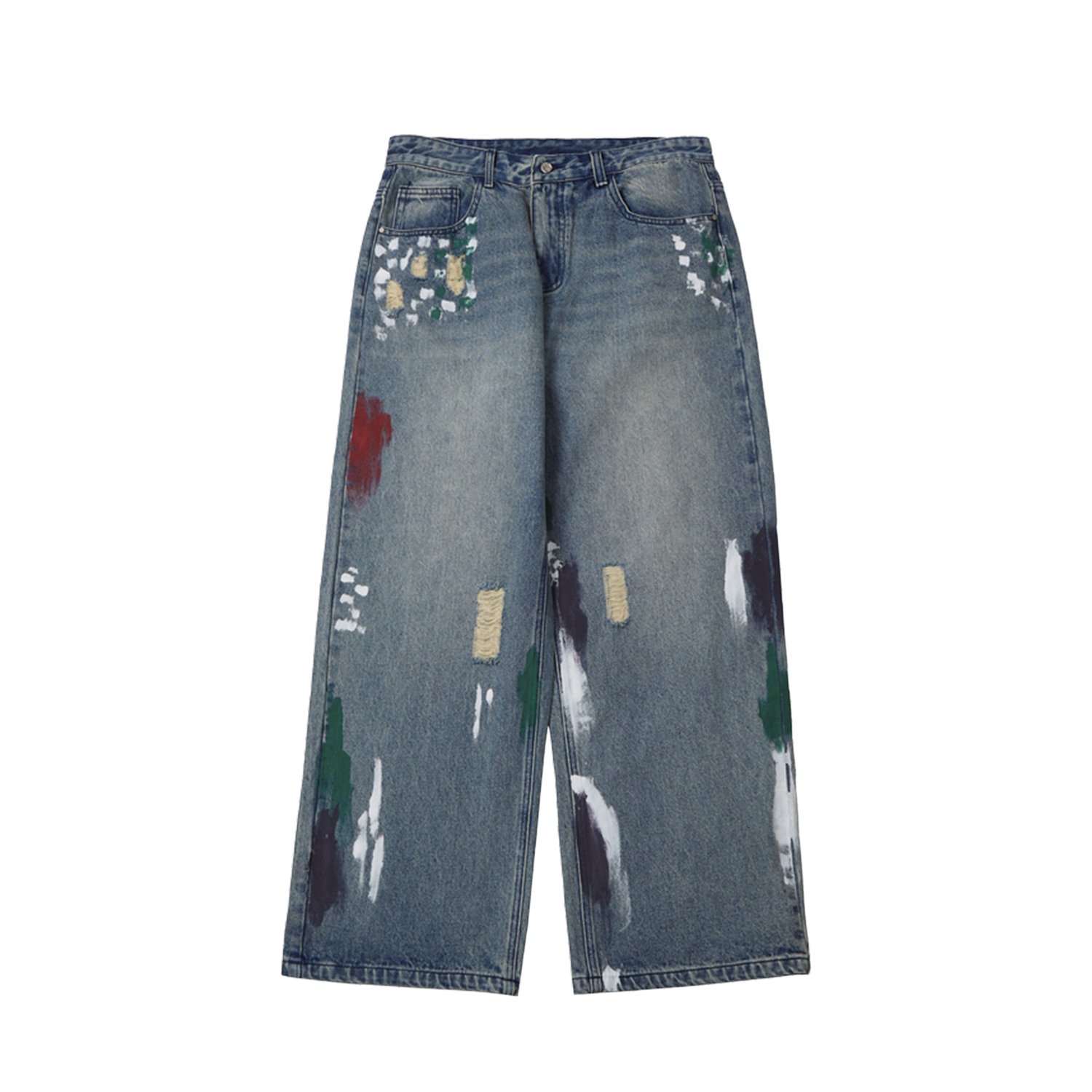 Streetwear Distressed Splatter Washed Wide-Legged Denim Jeans | HugePOD-3