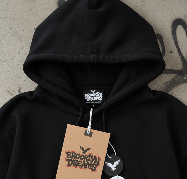 Custom branded hoodie with hangtag and apparel label for fashion brand presentation