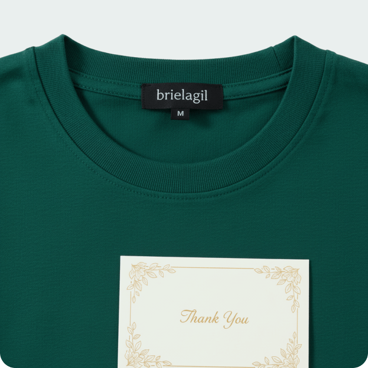 Custom apparel branding sample featuring label and insert card