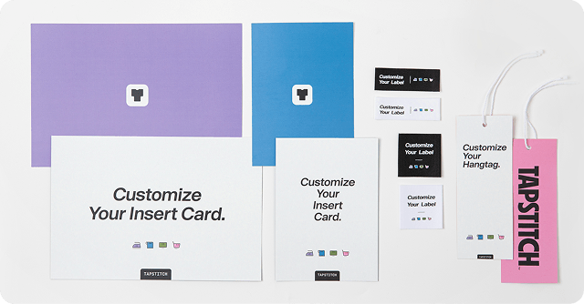 Tapstitch branding tools including custom insert cards, hangtags, and branded packaging materials