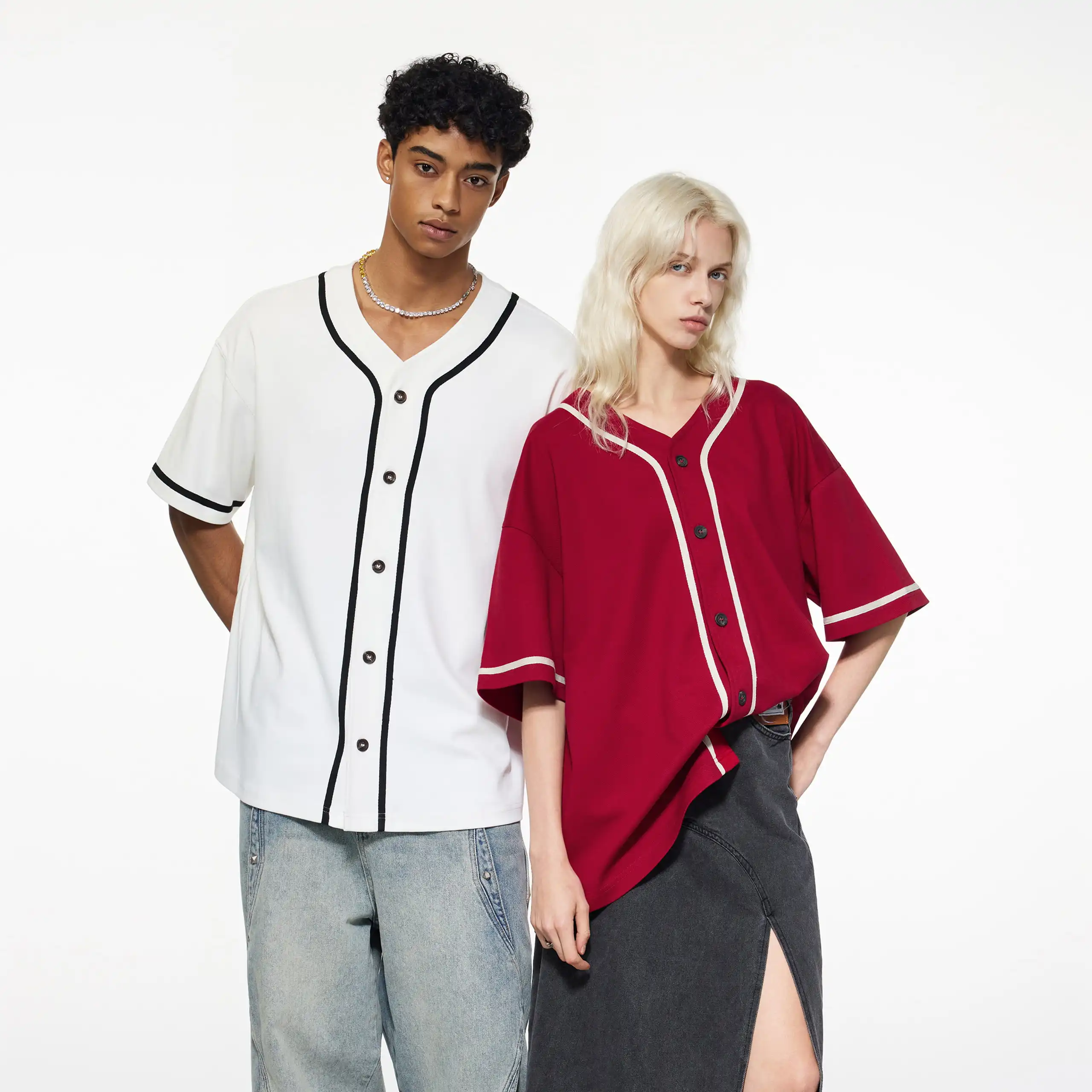 A man and a woman are wearing the stylish and customizable sportswears from Tapstitch.