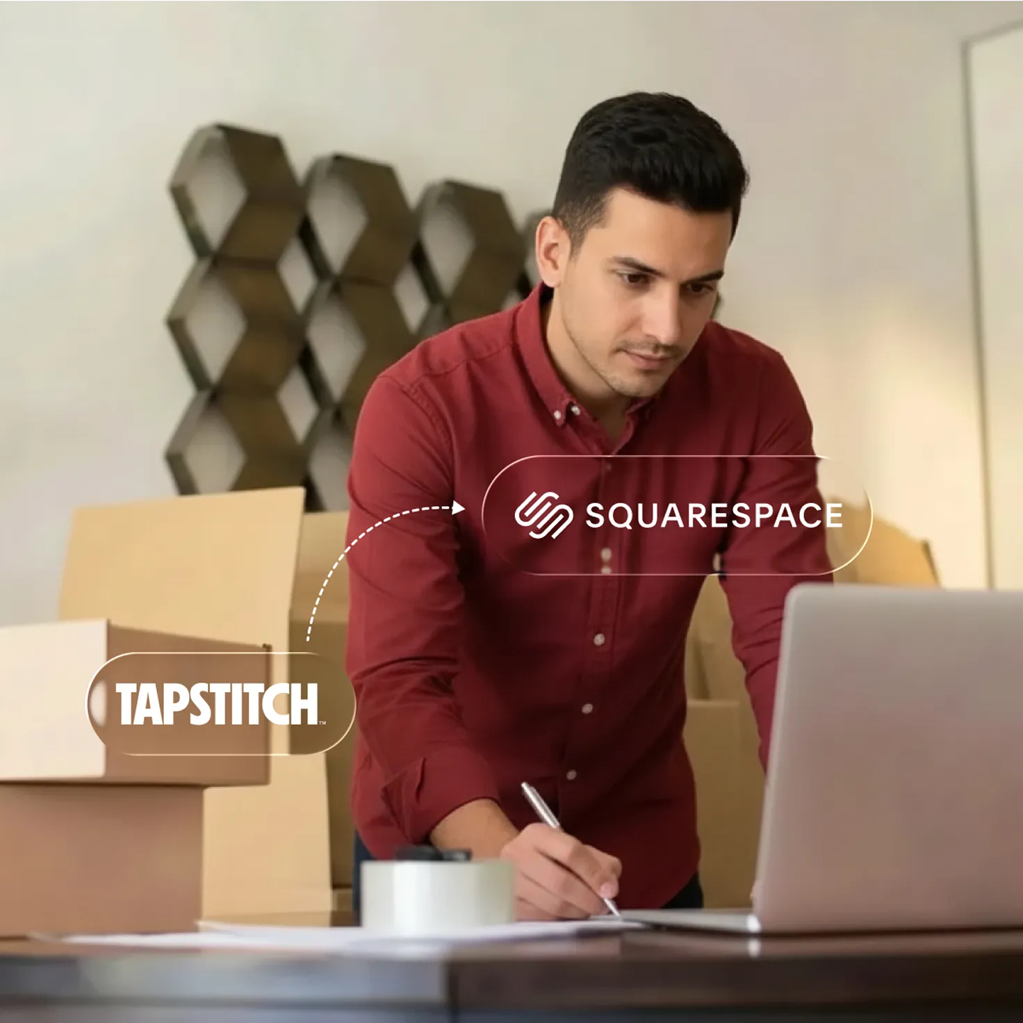 Man managing his Squarespace store with Tapstitch integration